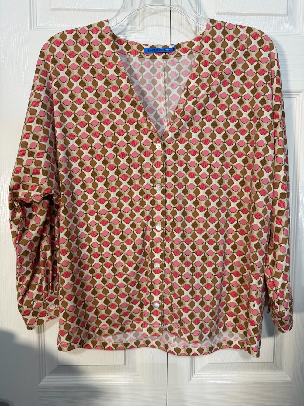 J. McLaughlin Pink & Tan Geometric V-Neck Button Front Top